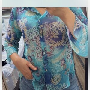 NICOLA Turquoise and Purple Lace Pattern Button Down Shirt
